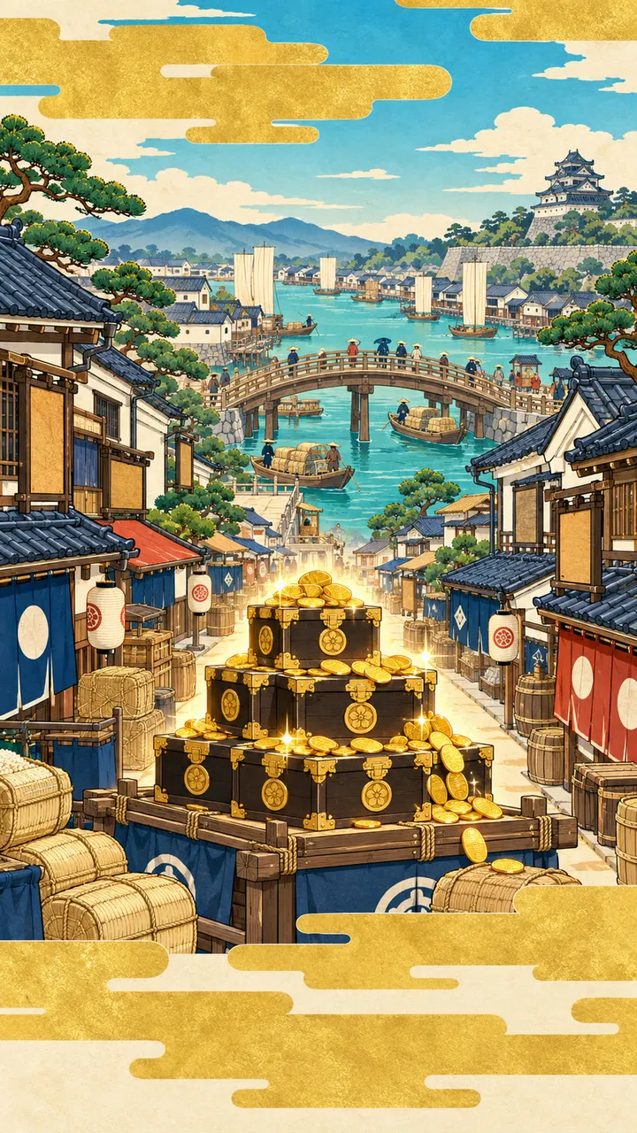 千両箱が積まれた江戸の町