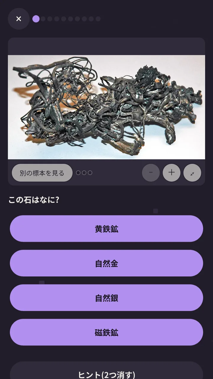 銀黒色の鉱物写真を見て、黄鉄鉱など4つの選択肢から答えるクイズ画面